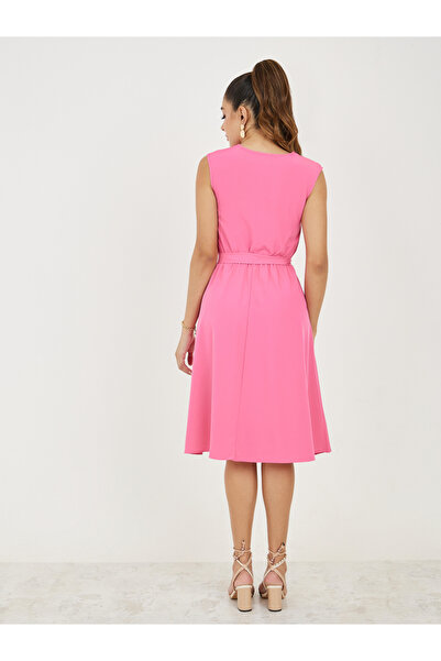 Take Two By Styli Solid Notch Neck Midi Dress with Tie Belt