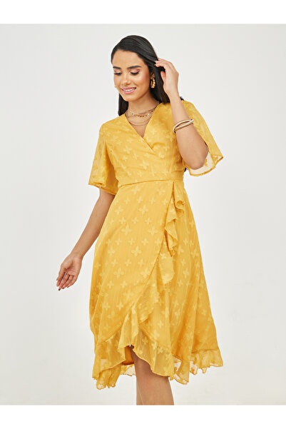 Styli Burnout Texture Ruffle Detail A-Line Wrap Midi Dress