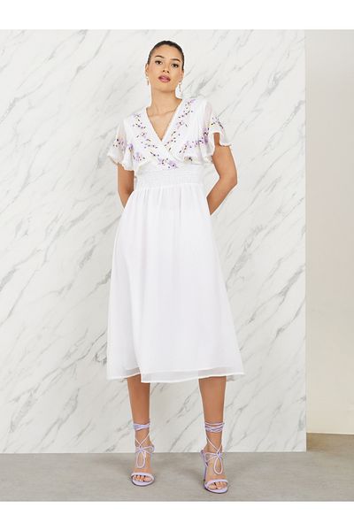 Styli Embroidered Cape Sleeves Aline Midi Dress