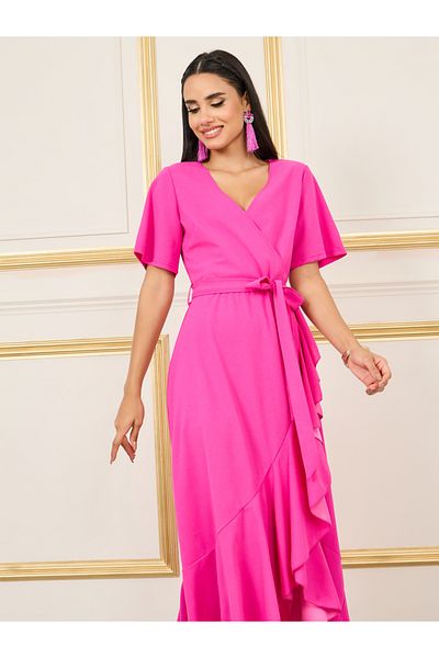 Styli Ruffle Hem A-Line Wrap Maxi Dress