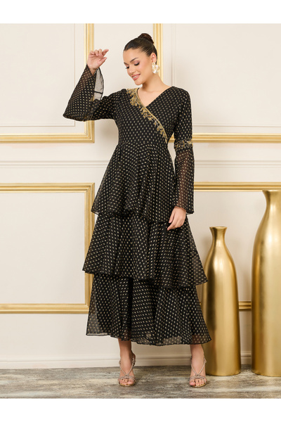 Styli Beaded Detail Bell Layered Tiered Maxi Dress