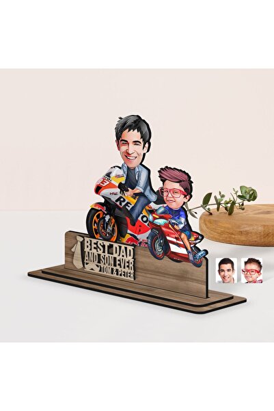 Bk Gift Kişiye Özel 3D Kabartma İsimli Baba-Oğul Karikatürlü Ahşap Biblo-3, B...