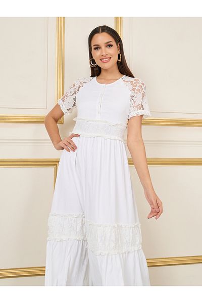 Styli Lace Detail Button Detail Aline Maxi Dress