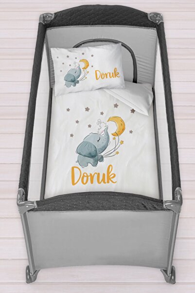 Homamia Isme Özel 75x120 Park Yatak Beşik Nevresim Takımı Aydaki Fil