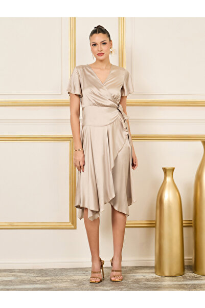 Styli Satin Frill Asymmetric Hem Wrap Midi Dress