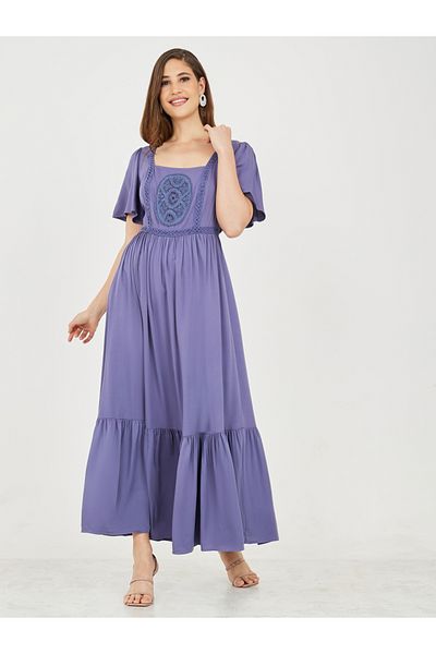 Styli Embroidered Square Neck A-Line Maxi Dress