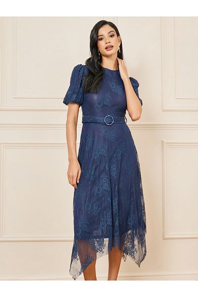Styli All Over Lace Buckle Detail Belted Asymmetric Hem Midi Dress