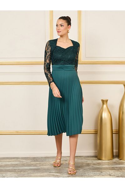 Styli Lace Detail Pleated A Line Midi Dress