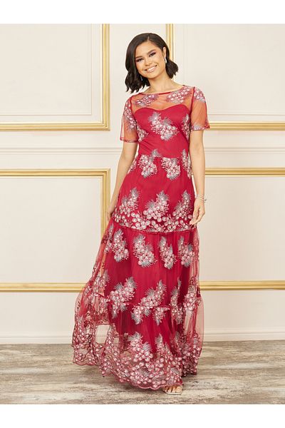 Styli Embroidered Mesh Insert A-Line Maxi Dress