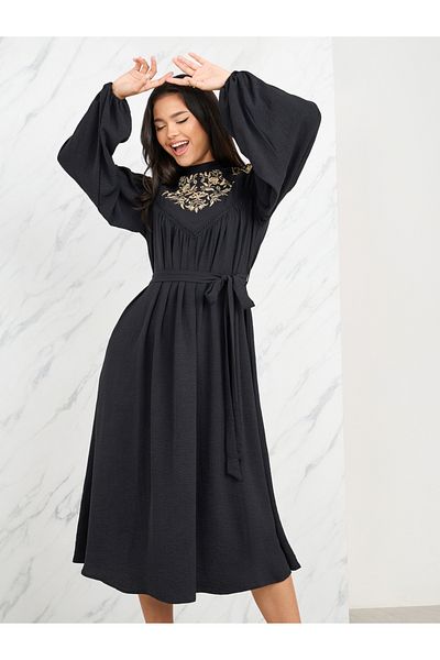 Styli Embroidered Lace Insert Shift Midi Dress with Self Tie Up