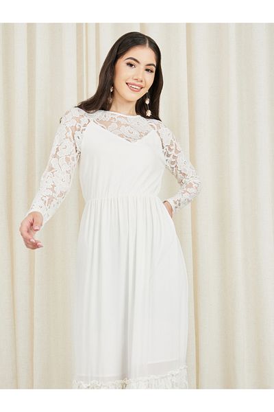 Styli Lace Sheer Detail A-Line Tiered Maxi Dress