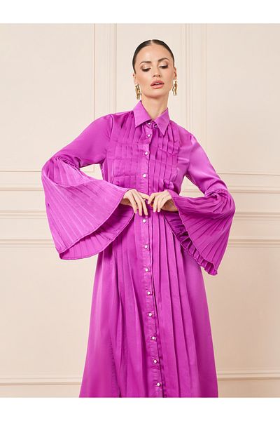 Styli Satin Pleated Detail Shirt Midi Dress