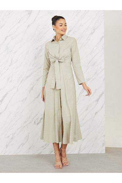Styli Striped Front Tie Up Shirt Maxi Dress