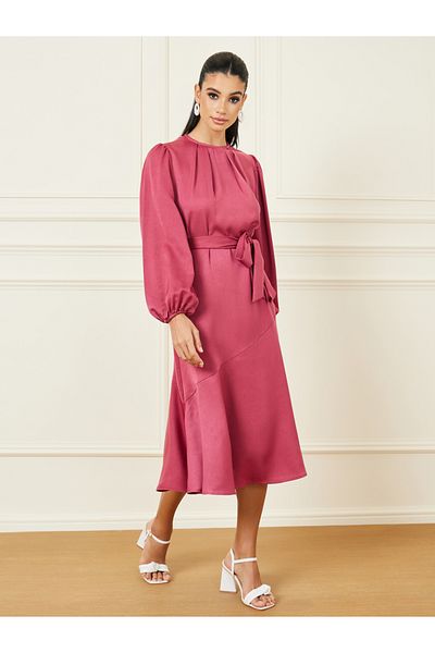 Styli Box Pleat Detail Neck Self Tie Up A-Line Midi Dress
