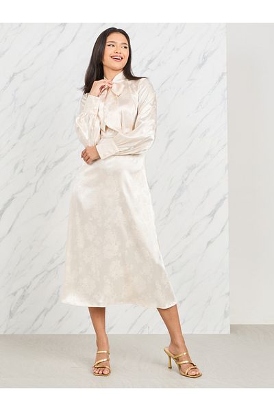 Styli Satin Jacquard Print Tie Up Neck A-Line Midi Dress