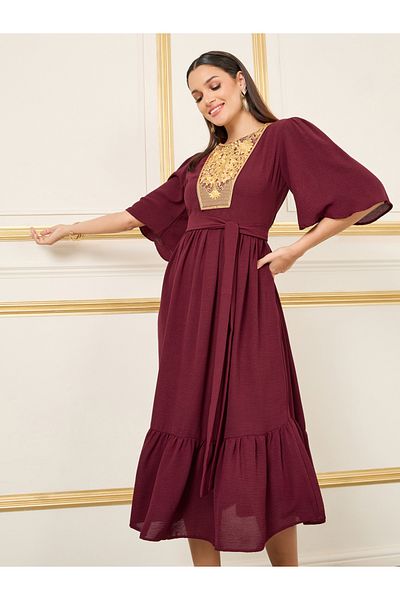 Styli Embroidered 3/4 Sleeve Tiered Midi Dress with Tie Belt