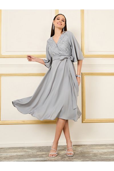 Styli Lace Detail Flared Sleeves Wrap Midi Dress