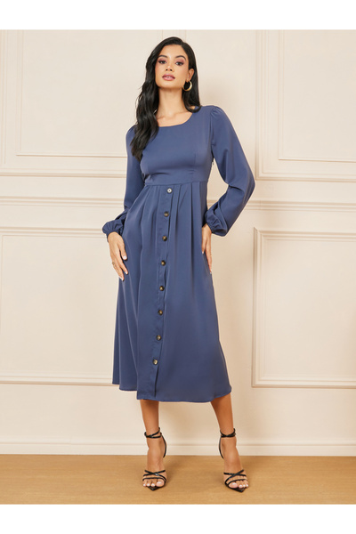 Styli Button Detail A-Line Midi Dress
