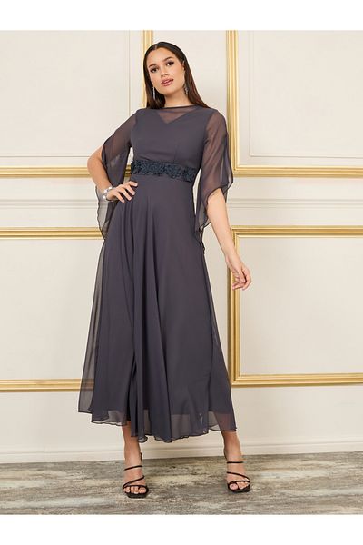 Styli Floral Applique Sheer Sleeves A-Line Maxi Dress