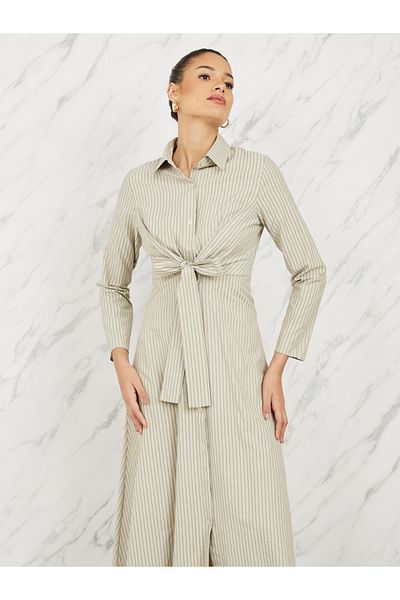 Styli Striped Front Tie Up Shirt Maxi Dress
