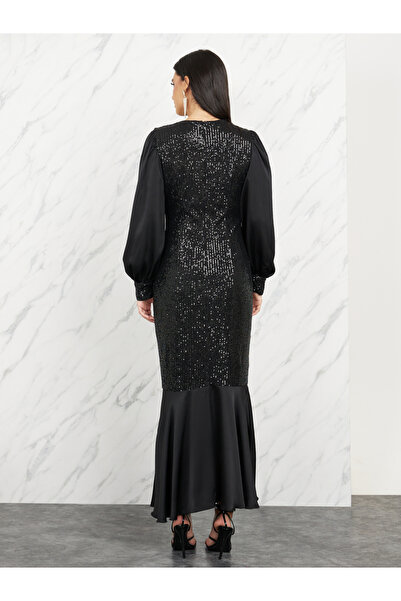 Take Two By Styli Sequin Detail Balloon Sleeves Mermaid Dress