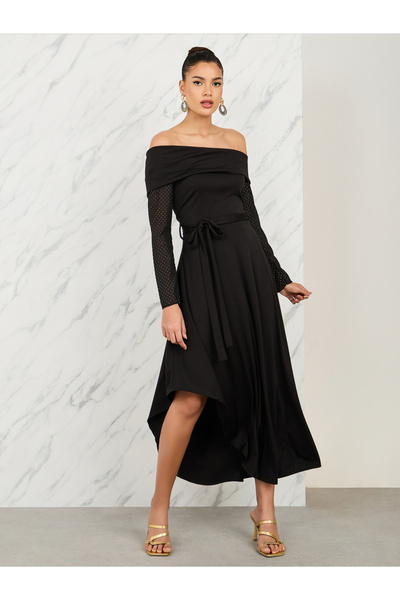 Styli Off Shoulder Embellished Sleeves Asymmetric Hem Midi Dress