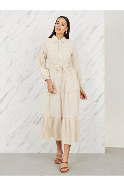 Styli Pocket Detail Collared Tiered Maxi Dress