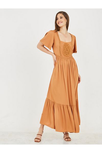 Styli Embroidered Square Neck A-Line Maxi Dress