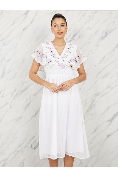 Styli Embroidered Cape Sleeves Aline Midi Dress