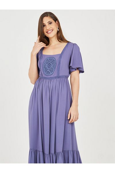 Styli Embroidered Square Neck A-Line Maxi Dress
