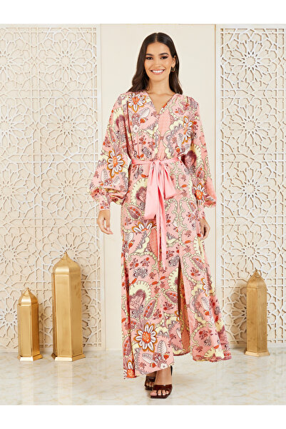Styli Floral Print A-Line Maxi Dress with Self Tie Up