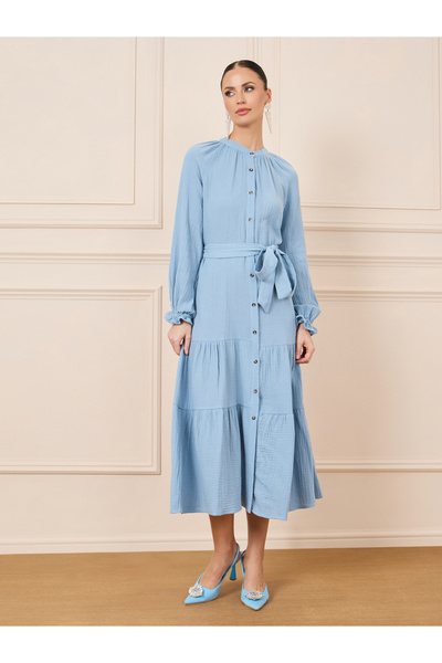 Styli Button Detail A-Line Midi Dress with Self Tie Waist