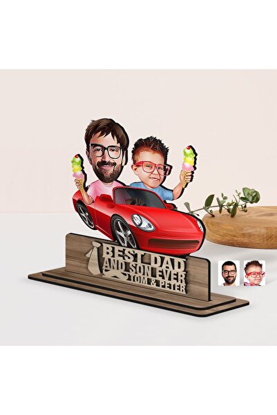 Bk Gift Kişiye Özel 3D Kabartma İsimli Baba-Oğul Karikatürlü Ahşap Biblo-7, B...