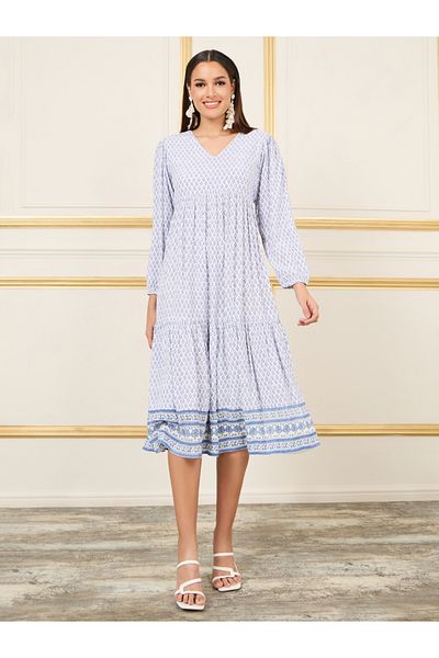 Styli All Over Print Tiered Midi Shift Dress