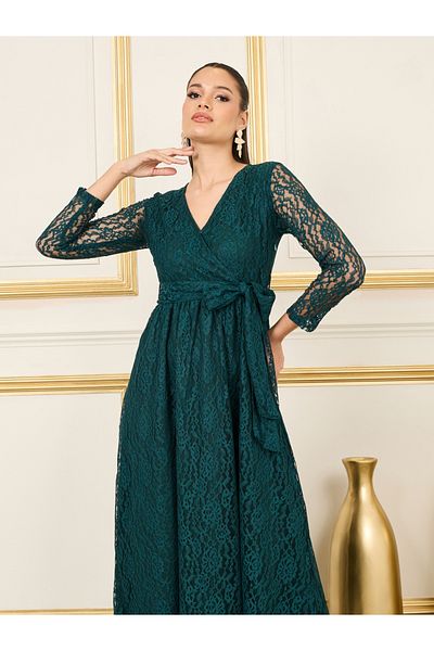 Styli All Over Lace Self Tie Up Wrap Midi Dress