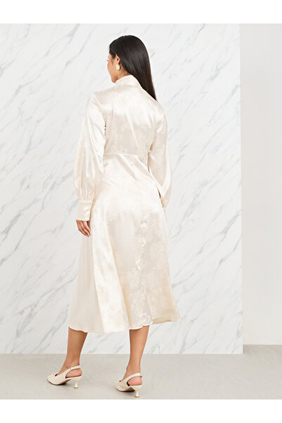 Styli Satin Jacquard Print Tie Up Neck A-Line Midi Dress