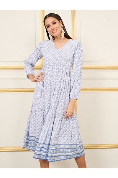Styli All Over Print Tiered Midi Shift Dress