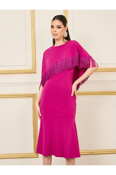 Styli Fringe Trim Cape Layer Mermaid Hem Midi Dress