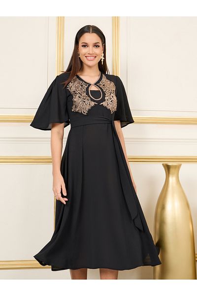 Styli Embroidered Keyhole Neck A-Line Midi Dress