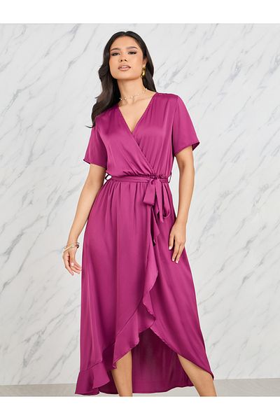 Styli Ruffle Asymmetric Hem Wrap Midi Dress