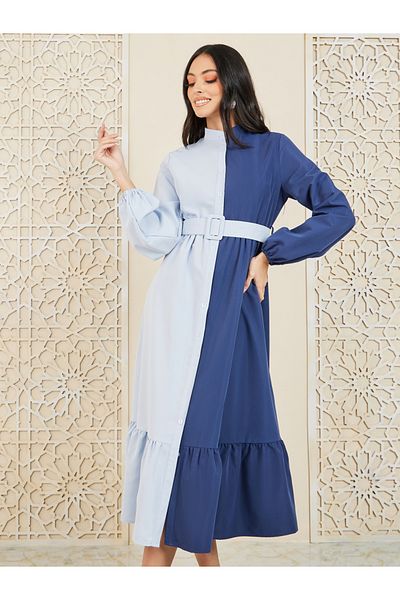 Styli Colorblock High Neck Belted Shirt Midi Dress