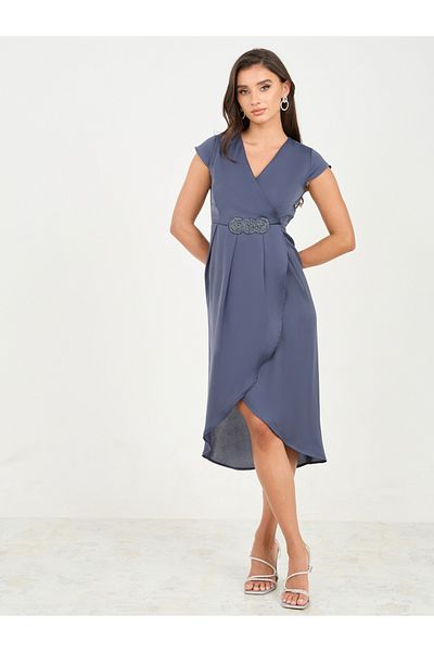 Styli Embellished Box Pleat Asymmetric Hem A-Line Dress