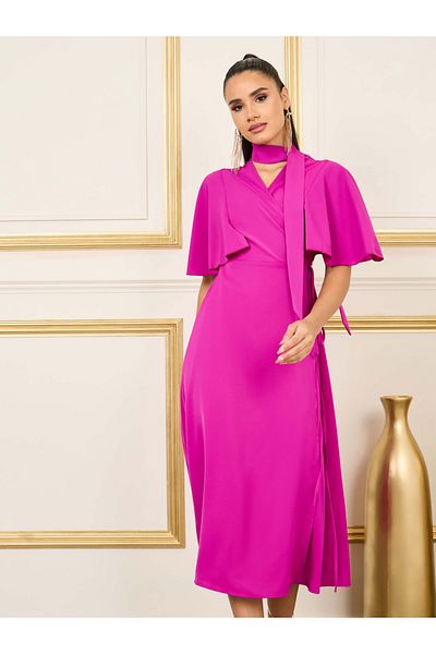 Styli Solid Angel Sleeves Wrap Midi Dress