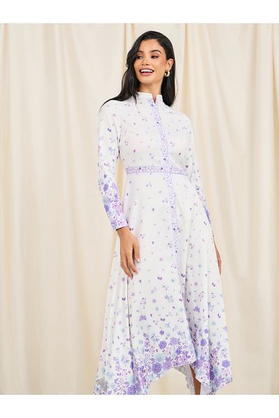 Styli Floral Print Handkerchief Hem Shirt Midi Dress