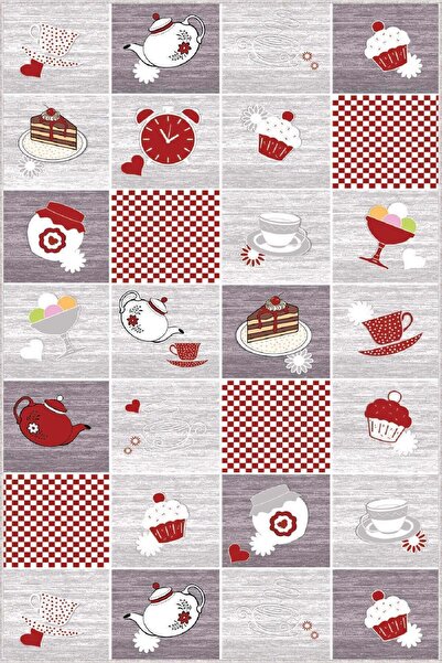 NeluxHome Kaymaz Tabanlı Makinede Yıkanabilen Mutfak Halısı Çaydanlık Fincan MT007