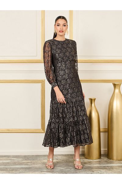 Styli Foil Print Mesh Insert Tiered Midi Dress