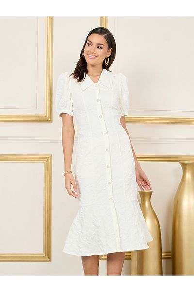 Styli Jacquard Collared Button Through Sheath Midi Dress