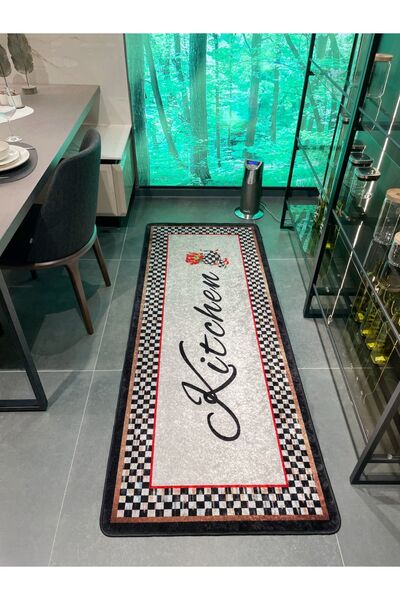 Brillant Kitchen Mackenzie Dama Desenli Mutfak Halısı GRİ - SİYAH