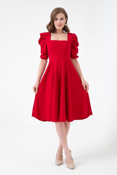 bayansepeti Red Midi Evening Dress - Flexible Crepe, Square Collar, Short Balloon Sleeve 080