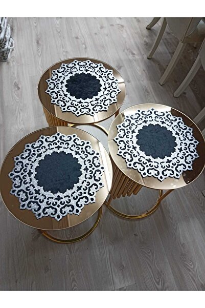 SEHARA 3 ADET/ZİGON SEHPA ÖRTÜSÜ(SERVİS)/33CM YUVARLAK/KADİFE/ÜZERİ DERİ İŞLEMELİ/